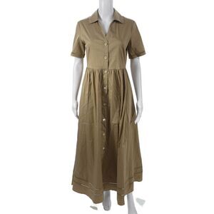Purotatto Women Shirt Dress Beige Short Sleeve Mid-Calf Collared Size 38